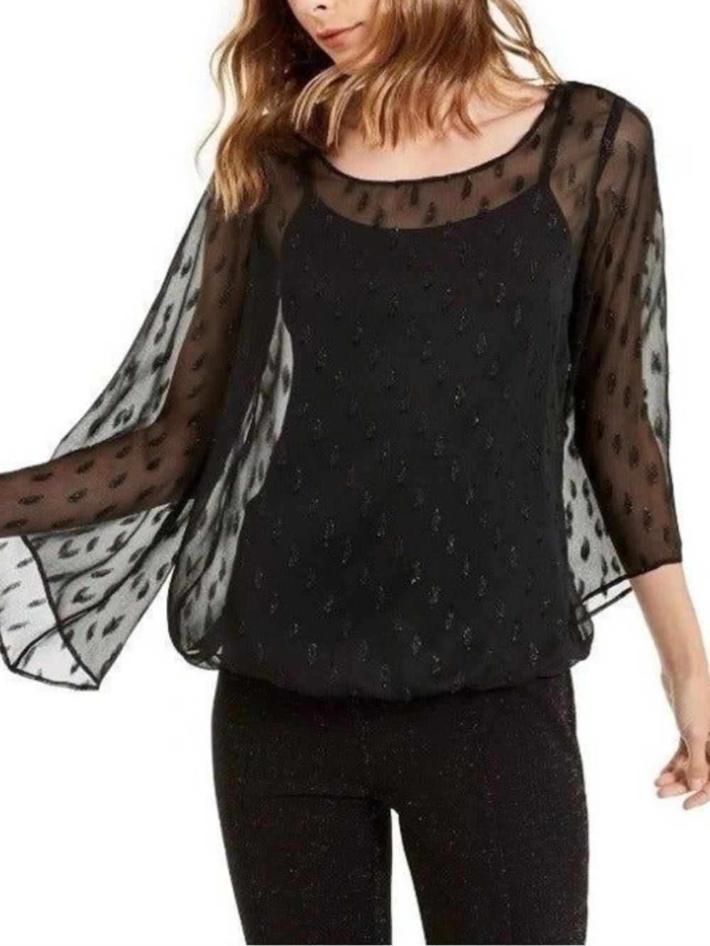 Alfani Black Sheer Embellished Blouson Top
